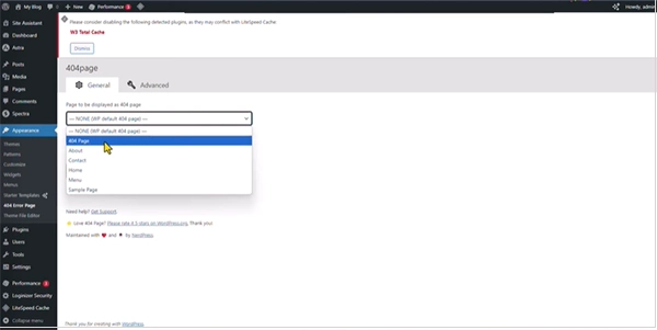A WordPress page with the Appearance section showing 404 Page in the dropdown menu