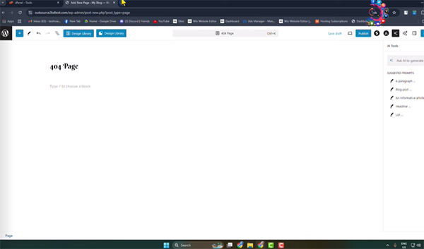 A WordPress page with the title 404 Page