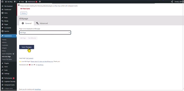 Saving changes on the WordPress 404 page