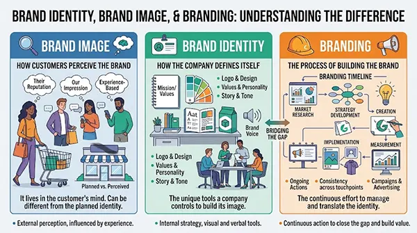 Showing difference between Brand Identity, image, and branding