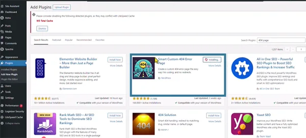 WordPress plugin section with Custom 404 Error Page plugin being installed