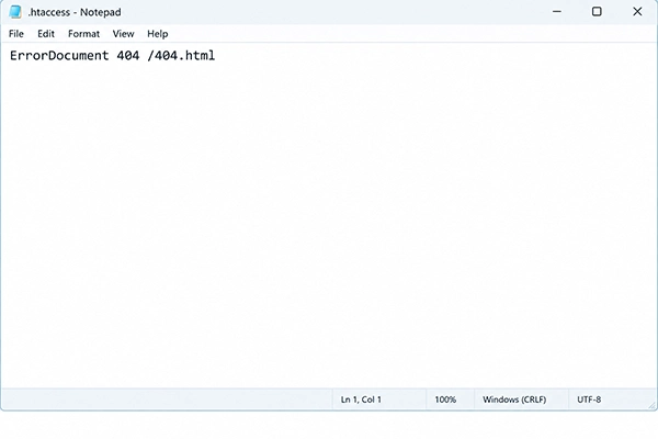 a custom 404 document rule written in the Notepad editor