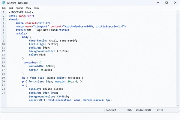 a custom 404 error page code written in Notepad text editor